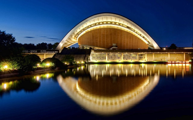 Large building lake night modern free wallpaper for desktop - medium preview image