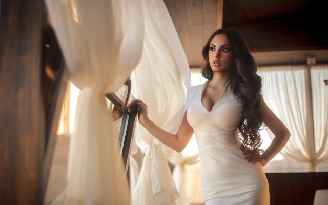 Woman white dress window curtains #2 free wallpaper for desktop - medium preview image