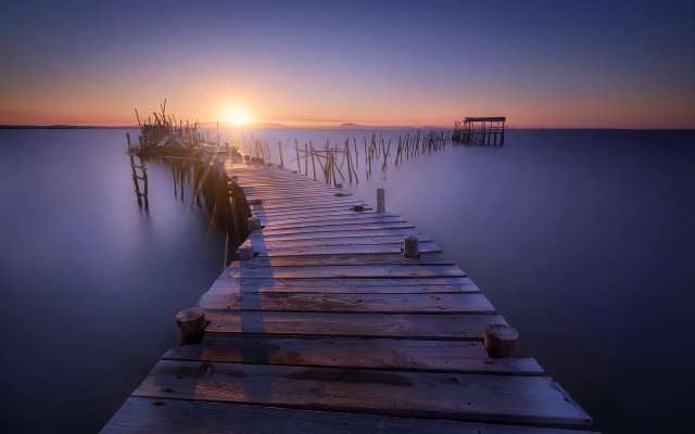 Sunset dock pier boat mountain free wallpaper for desktop - medium preview image