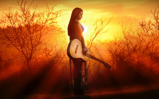 Woman guitar field sunset trees free wallpaper for desktop - medium preview image
