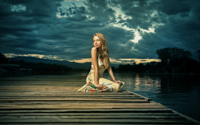 Woman dock dress clouds water free wallpaper for desktop - medium preview image