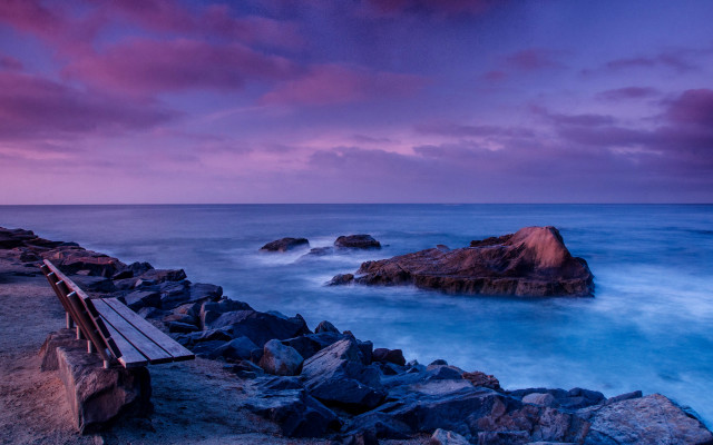Rocky beach sunset purple sky free wallpaper for desktop - medium preview image