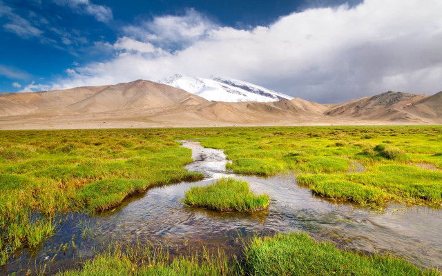 Stream lush field snowy mountains free wallpaper for desktop - medium preview image