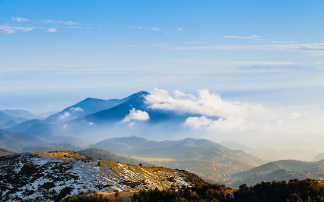 Mountain range clouds trees beach free wallpaper for desktop - medium preview image