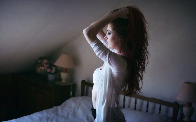 White dress woman bed room free wallpaper for desktop - medium preview image