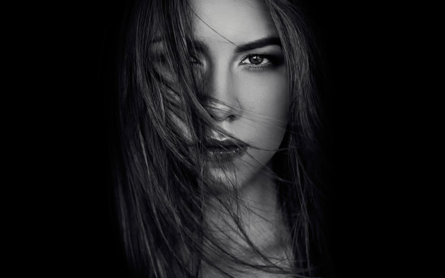 Woman longhair blackbackground portrait greyscale free wallpaper for desktop - medium preview image