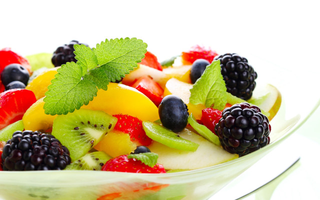 Fruit salad mint spoon photorealism free wallpaper for desktop - medium preview image