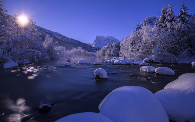 Snowy river moonlit night landscape free wallpaper for desktop - medium preview image