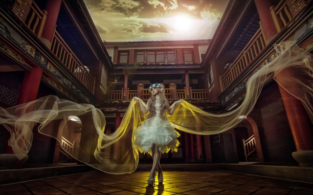 Woman white dress yellow veil free wallpaper for desktop - medium preview image