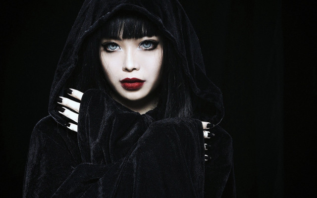 Gothic woman blueeyes blackhood blackbackground free wallpaper for desktop - medium preview image