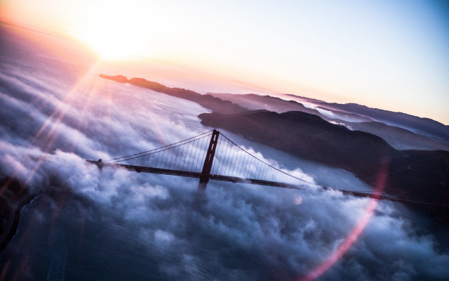 Bridge clouds sunset mountains lens free wallpaper for desktop - medium preview image