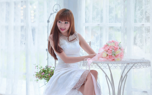 Woman bride flowers white dress free wallpaper for desktop - medium preview image