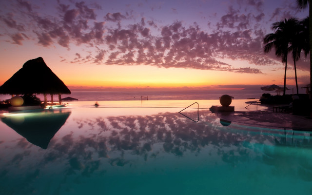 Sunset pool mountain reflection silhouette free wallpaper for desktop - medium preview image