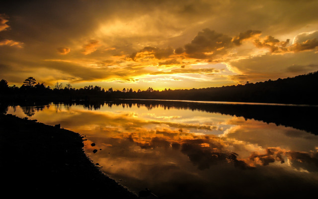Lake sunset clouds forest matte free wallpaper for desktop - medium preview image