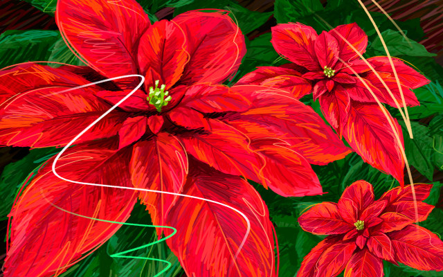 Red flower green leaves swirling free wallpaper for desktop - medium preview image