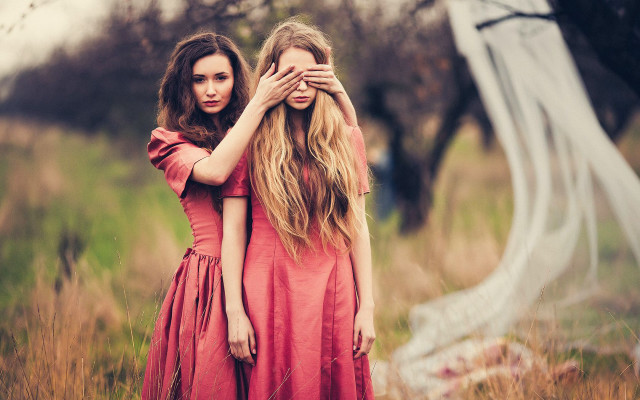 Blonde women red dresses surreal free wallpaper for desktop - medium preview image