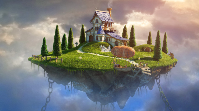 Floating island house trees animals free wallpaper for desktop - medium preview image