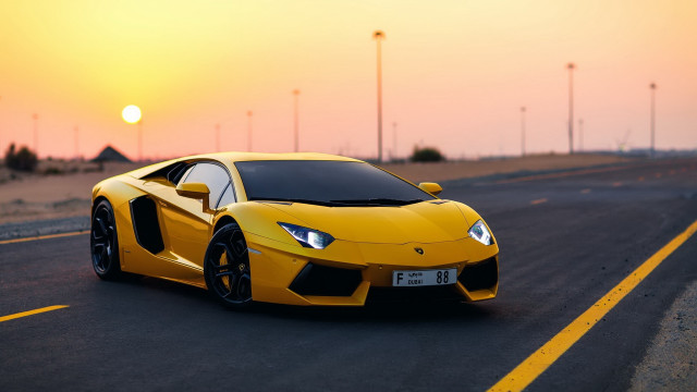 Yellow sports car sunset road #5 free wallpaper for desktop - medium preview image