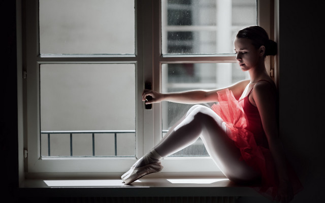 Woman red dress window rain free wallpaper for desktop - medium preview image