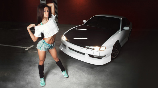 Woman white shirt shorts car #2 free wallpaper for desktop - medium preview image