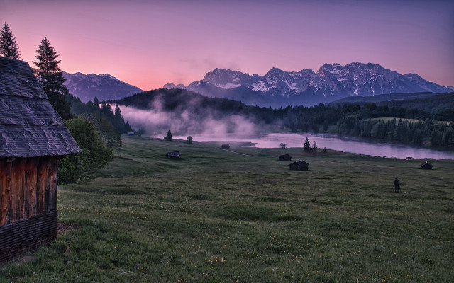 Sunset foggy mountains house lake free wallpaper for desktop - medium preview image