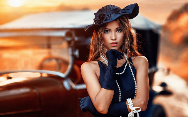 Woman blackdress hat pearls suitcase free wallpaper for desktop - medium preview image