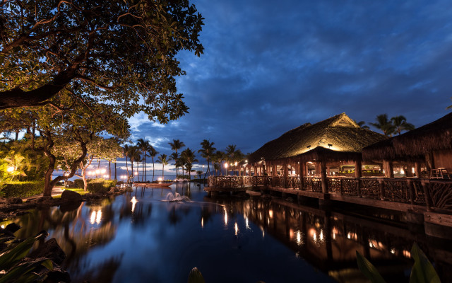 Tropical resort night river bridge free wallpaper for desktop - medium preview image