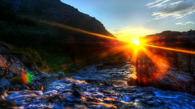 Sunrise mountain river bridge fire free wallpaper for desktop - medium preview image