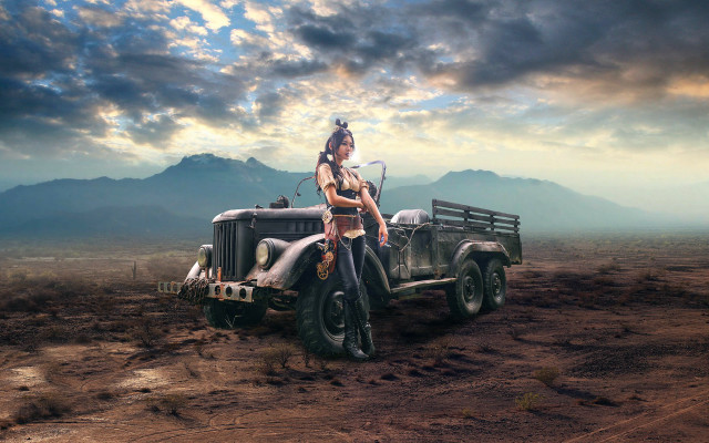 Woman costume truck desert gun free wallpaper for desktop - medium preview image