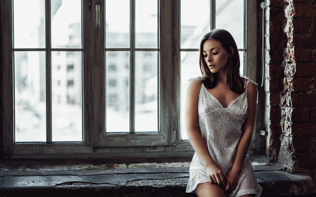 Woman white dress sitting window #3 free wallpaper for desktop - medium preview image