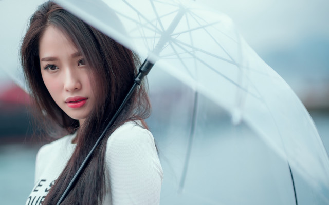 Woman smiling umbrella outdoors rain free wallpaper for desktop - medium preview image