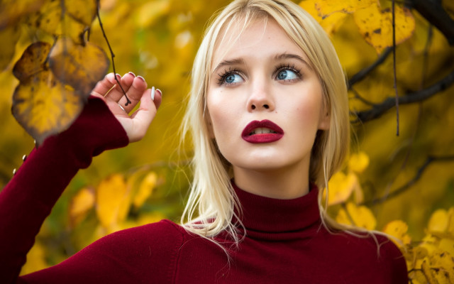 Woman red lipstick umbrella autumn free wallpaper for desktop - medium preview image