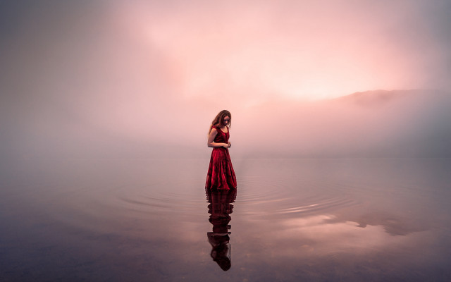 Woman red dress lake pink free wallpaper for desktop - medium preview image
