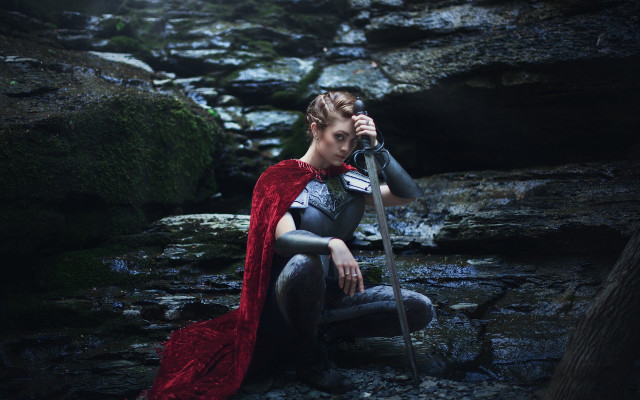 Woman red cape forest sitting free wallpaper for desktop - medium preview image