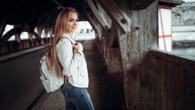Woman white jacket backpack wooden free wallpaper for desktop - medium preview image