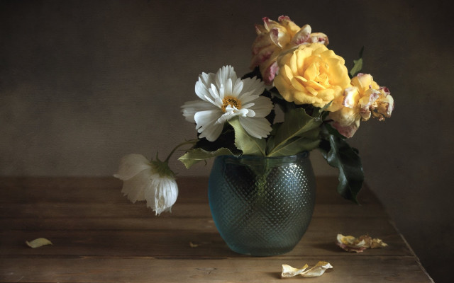 Vase flowers leaves brown background free wallpaper for desktop - medium preview image