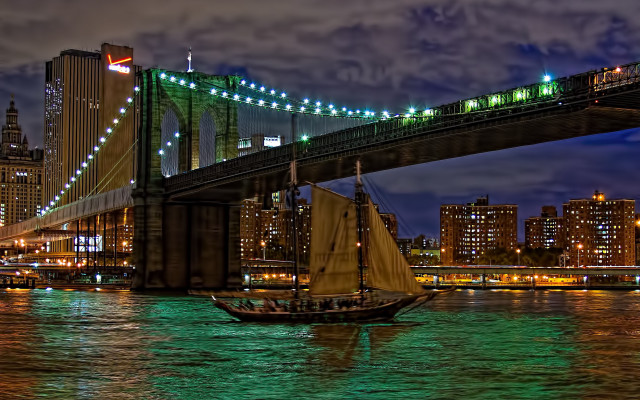 Boat bridge city night lights free wallpaper for desktop - medium preview image