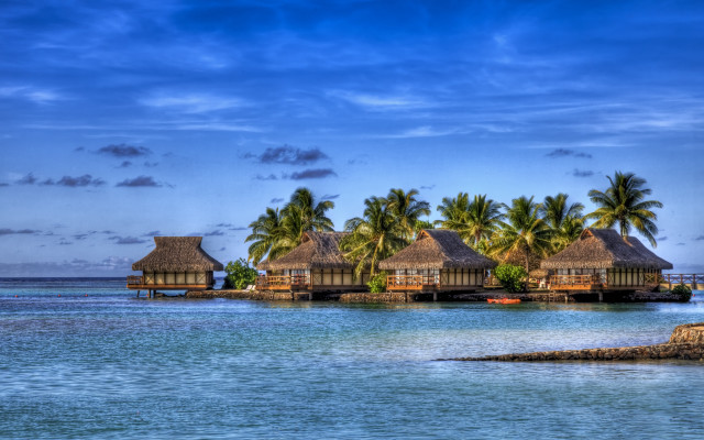 Beach huts ocean palm trees #2 free wallpaper for desktop - medium preview image