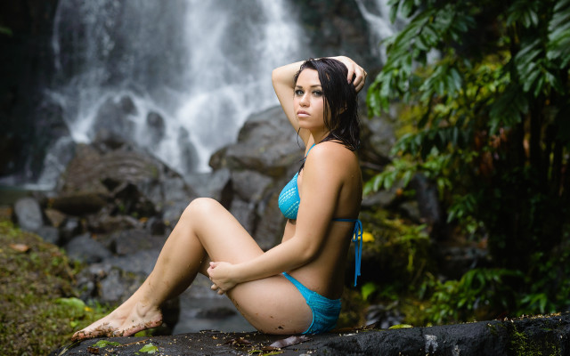 Woman bikini rock waterfall backpack free wallpaper for desktop - medium preview image