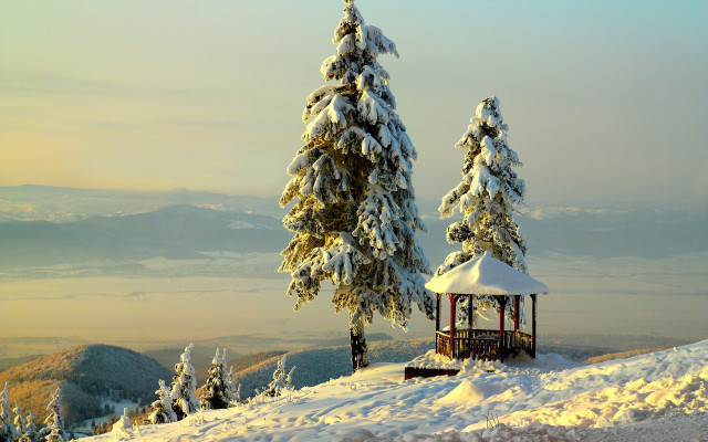 Gazebo snow trees mountain winter free wallpaper for desktop - medium preview image