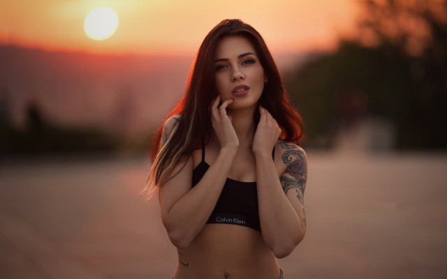 Tattooed woman sunset beach cinematic free wallpaper for desktop - medium preview image