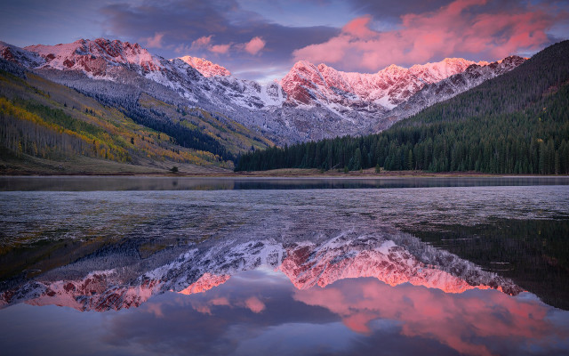 Mountain lake trees pink sky #3 free wallpaper for desktop - medium preview image