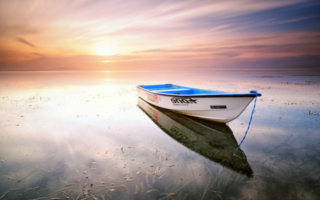 Small boat lake sunset cloudy free wallpaper for desktop - medium preview image