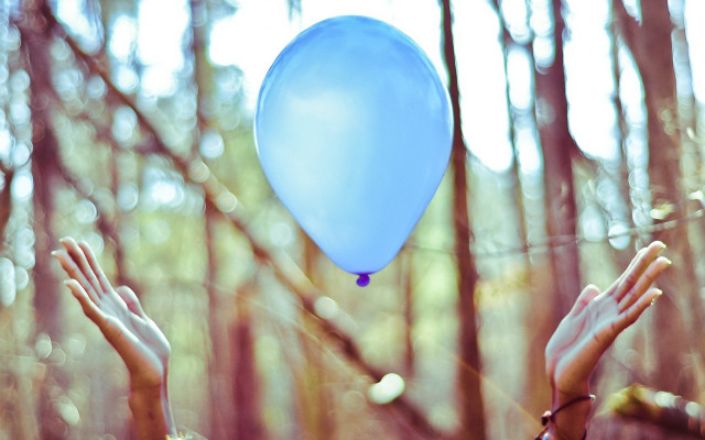 Person blue balloon forest sunlight free wallpaper for desktop - medium preview image