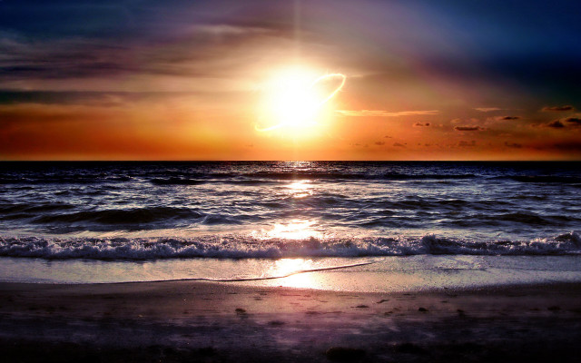 Sunset ocean wave lake mountain free wallpaper for desktop - medium preview image