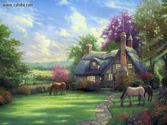 Horses grazing garden cottage stone free wallpaper for desktop - medium preview image