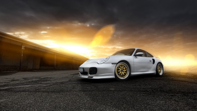 White car sunset clouds building free wallpaper for desktop - medium preview image