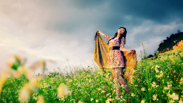Woman field yellow scarf smile free wallpaper for desktop - medium preview image