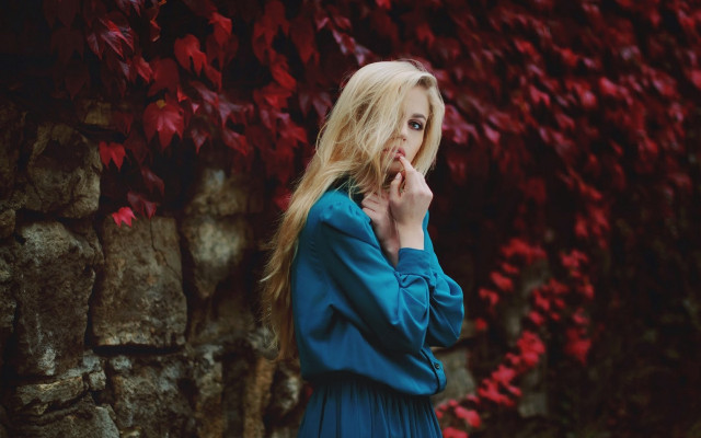 Woman blue dress autumn leaves #3 free wallpaper for desktop - medium preview image