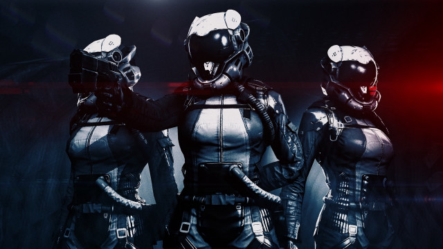 Three people futuristic suits red free wallpaper for desktop - medium preview image